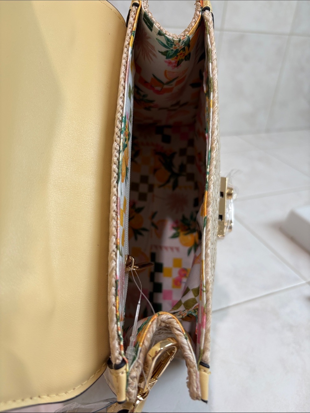 BCBG Generation Pineapple Straw Top-Handle Bag in Yellow with Crossbody Strap - Picture 10 of 11
